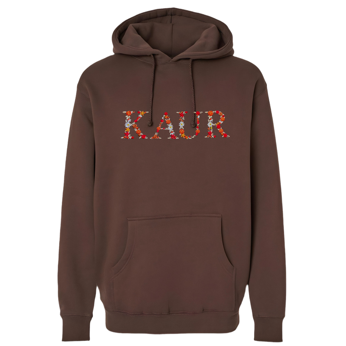 KAUR Hoodie Embroidered
KAUR hoodie with floral design on chest, artistic embroidery on dark fabric, Sikh-inspired apparel for women, Punjabi hoodie, empowering Kaur sweatshirt
